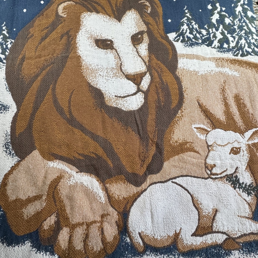 Peace on Earth Woven Tapestry Throw Blanket Lion Lamb Dove 70x47 Blue Vintage - Picture 4 of 8